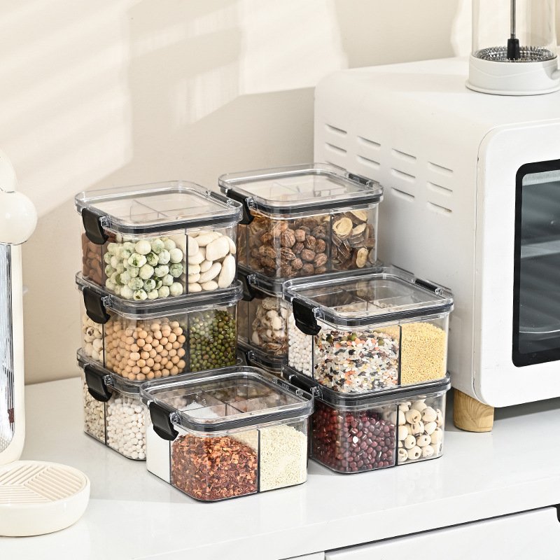 Factory Direct Selling Four-box Grid Kitchen Clear Plastic Food Storage Bin Stackable Airtight Storage Box