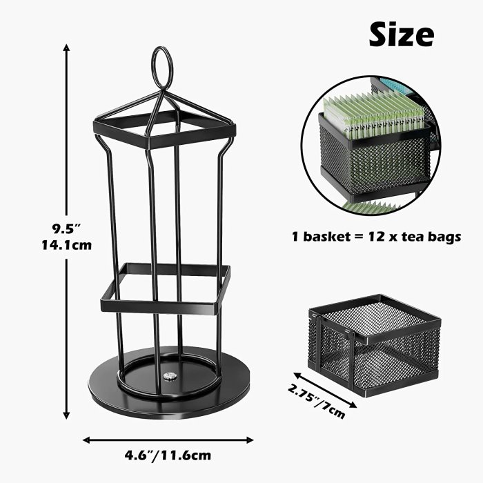 Customized Black Metal Tea Bag Organizer Carousel Storage Box Countertop Springing Tea Bag Coffee Gadgets Organizer