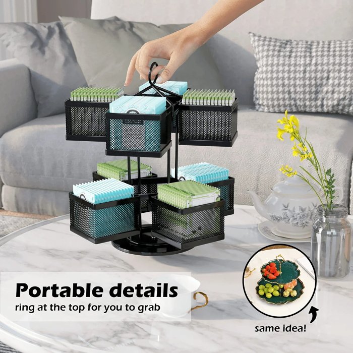 Customized Black Metal Tea Bag Organizer Carousel Storage Box Countertop Springing Tea Bag Coffee Gadgets Organizer