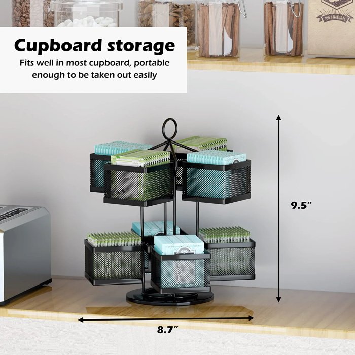Customized Black Metal Tea Bag Organizer Carousel Storage Box Countertop Springing Tea Bag Coffee Gadgets Organizer