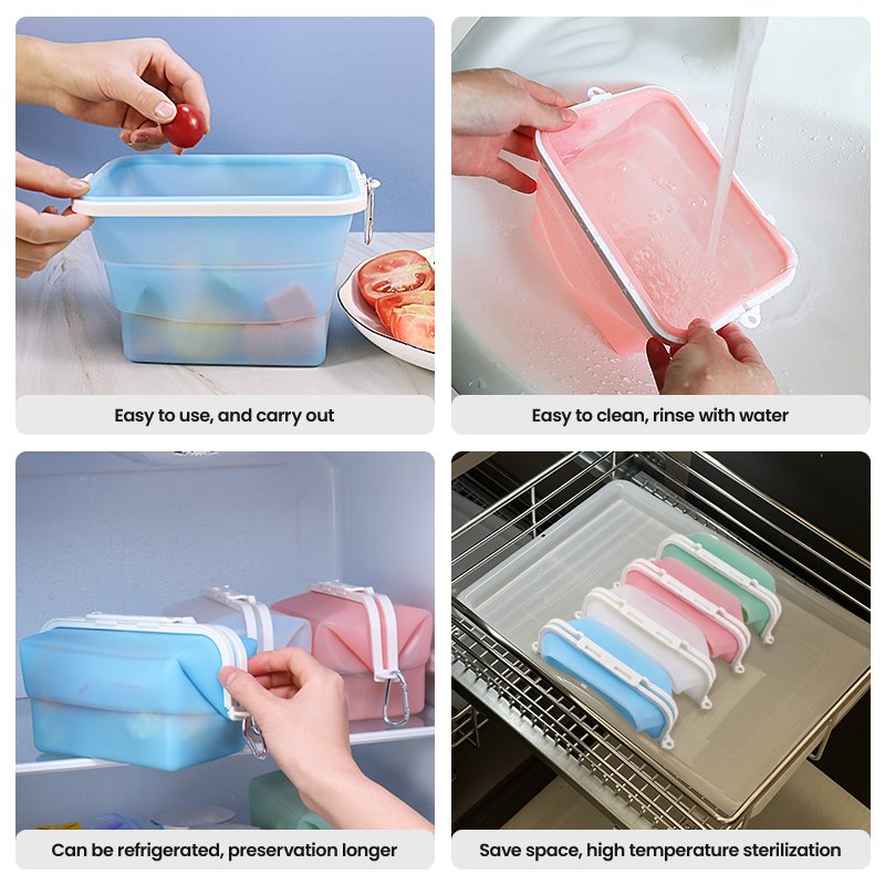 Custom Printed Silicone Collapsible Reusable Food Storage Containers Bag Silicon Folding Freezer Storage Sandwich Box Pouch Bags