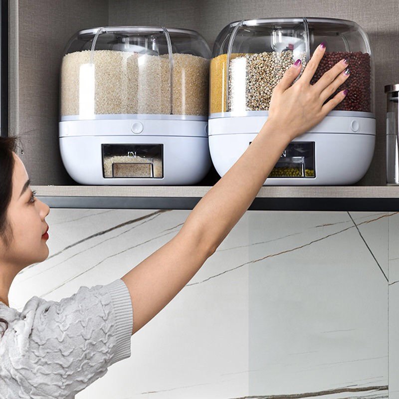 6 Grid Press Type Divided Cereal Round Grain Big Dry Food Rice Bucket Rotating Rice Dispenser Storage Container Box