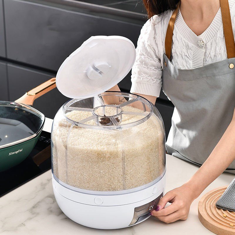 6 Grid Press Type Divided Cereal Round Grain Big Dry Food Rice Bucket Rotating Rice Dispenser Storage Container Box