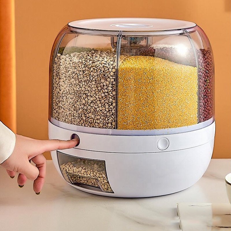 6 Grid Press Type Divided Cereal Round Grain Big Dry Food Rice Bucket Rotating Rice Dispenser Storage Container Box