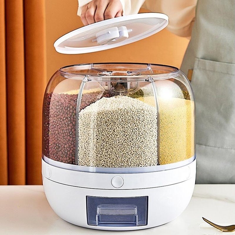 6 Grid Press Type Divided Cereal Round Grain Big Dry Food Rice Bucket Rotating Rice Dispenser Storage Container Box