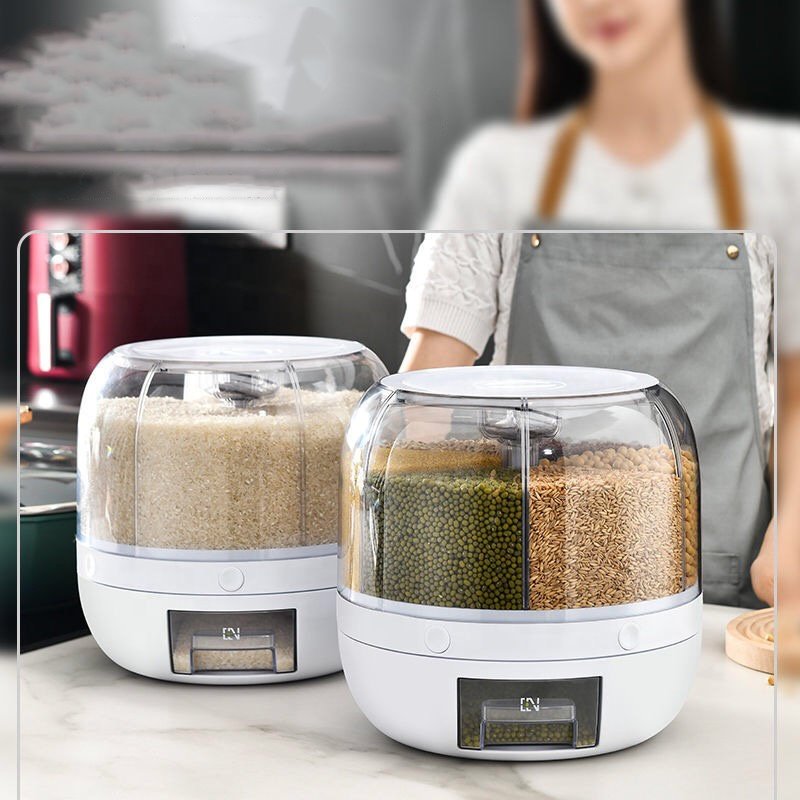 6 Grid Press Type Divided Cereal Round Grain Big Dry Food Rice Bucket Rotating Rice Dispenser Storage Container Box