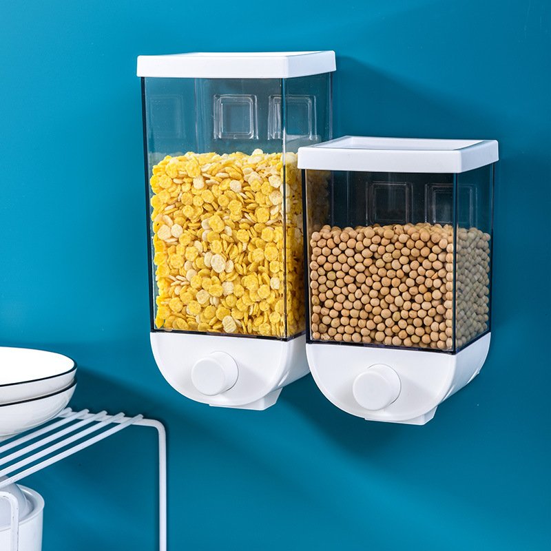 Household plastic wall mounted food cereal dispenser kitchen grain dry food storage tank with lid