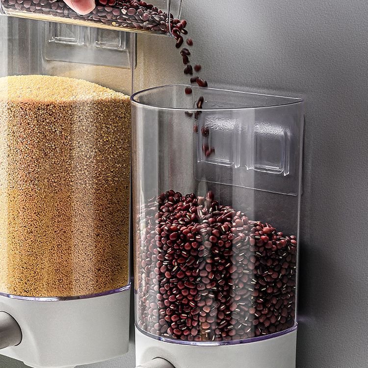 Household plastic wall mounted food cereal dispenser kitchen grain dry food storage tank with lid