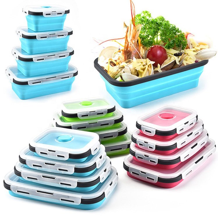 Collapsible Silicone Lunch Boxes Wholesale Silicone Food Storage Container Hot Selling 350ml 500ml 800ml 1200ml 1600ml Opp Bag