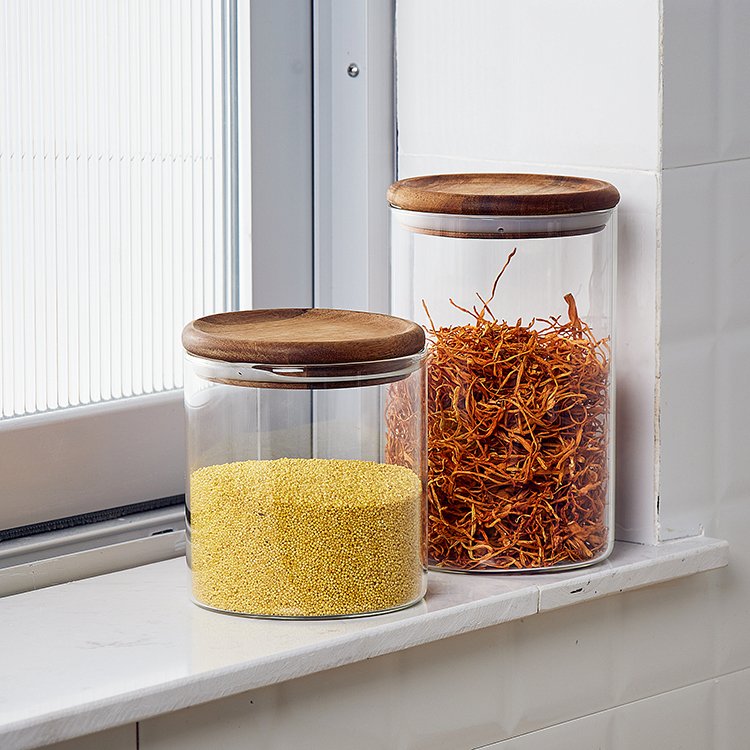 Custom Logo Wholesale Round Shape Kitchen Airtight Glass Canisters Food Storage Jar with Acacia Wood Lid