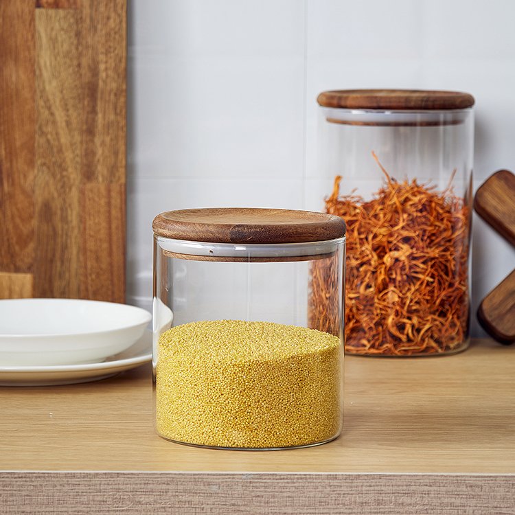Custom Logo Wholesale Round Shape Kitchen Airtight Glass Canisters Food Storage Jar with Acacia Wood Lid