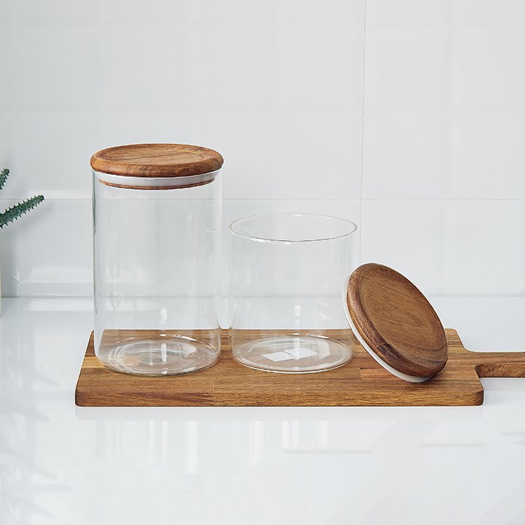 Custom Logo Wholesale Round Shape Kitchen Airtight Glass Canisters Food Storage Jar with Acacia Wood Lid