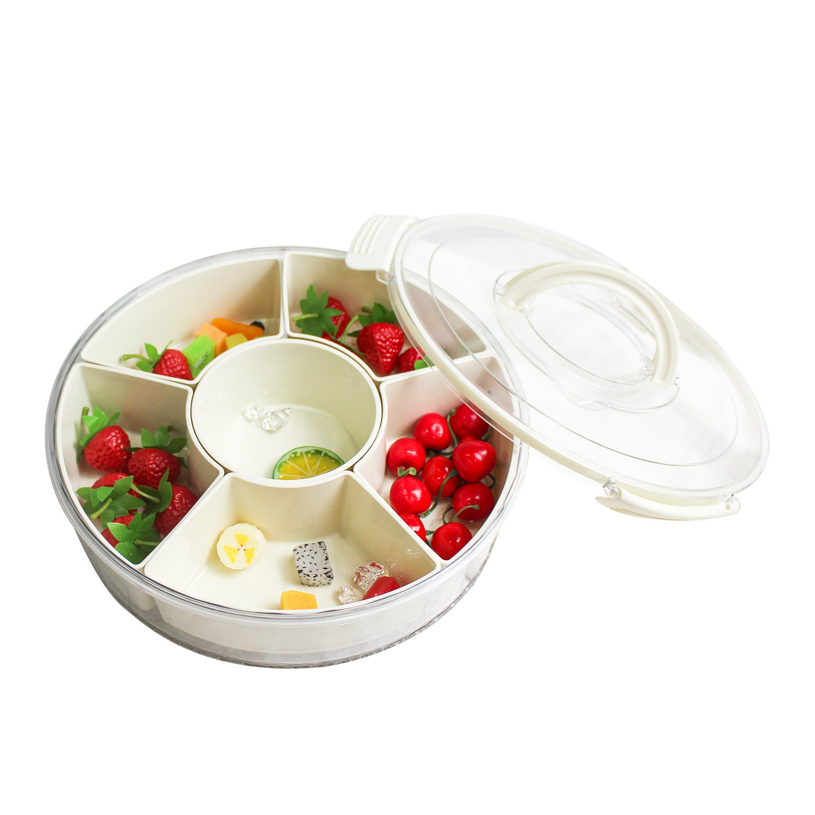 Round Divided Serving Tray With Lid And Handle Portable Snack 6 Compartment Keeping Food Storage Snack Box Container