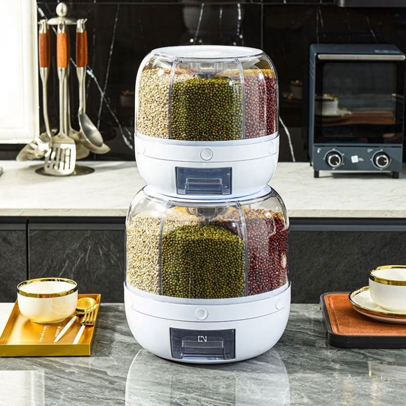Mairun Rice Dispenser Kitchen Moisture-Proof 6-Grid Rotating Food Grain Dispenser Cereal Rice Container Dispenser Storage Box