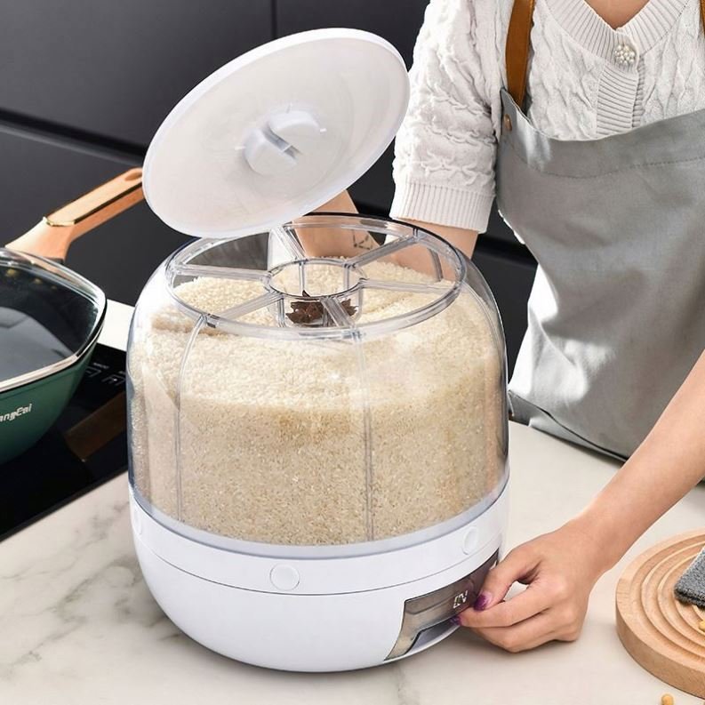 Mairun Rice Dispenser Kitchen Moisture-Proof 6-Grid Rotating Food Grain Dispenser Cereal Rice Container Dispenser Storage Box
