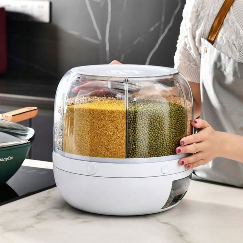 Mairun Rice Dispenser Kitchen Moisture-Proof 6-Grid Rotating Food Grain Dispenser Cereal Rice Container Dispenser Storage Box