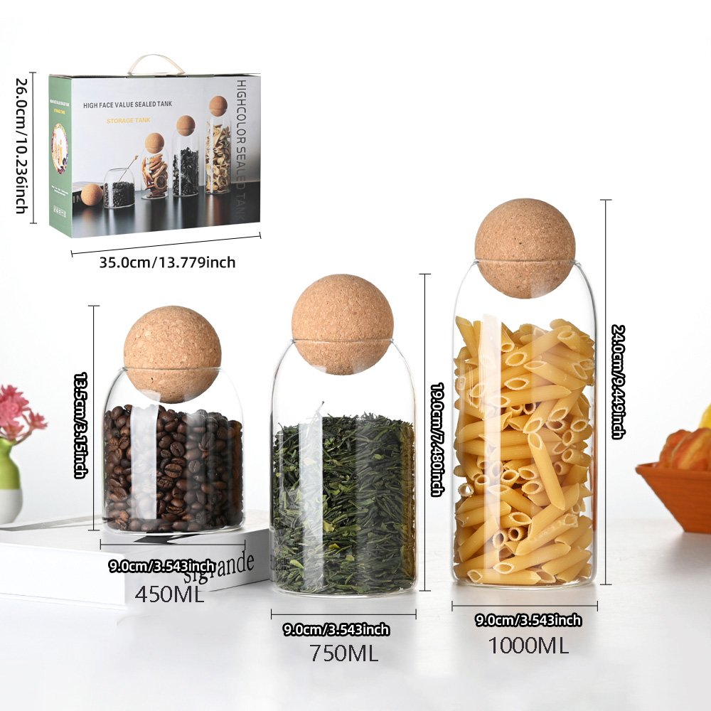 China wholesale hand blown 3 piece set high borosilicate kitchen glass food storage jars set with cork ball lid