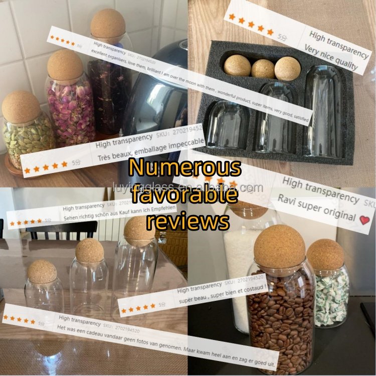 China wholesale hand blown 3 piece set high borosilicate kitchen glass food storage jars set with cork ball lid