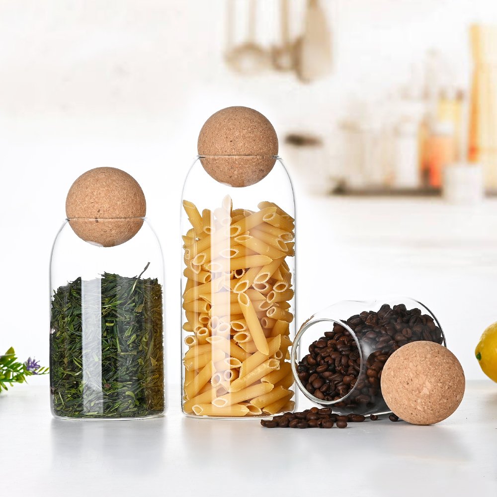 China wholesale hand blown 3 piece set high borosilicate kitchen glass food storage jars set with cork ball lid