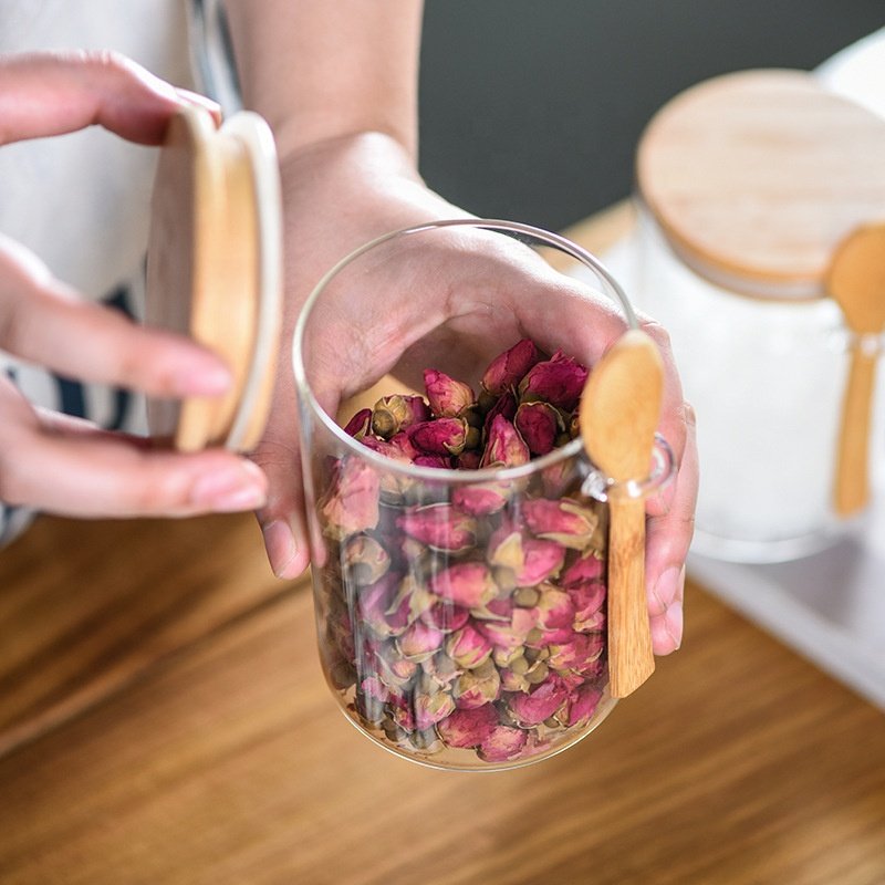 Handmade Glass Food Storage Container Jar with Bamboo Lid and Spoon