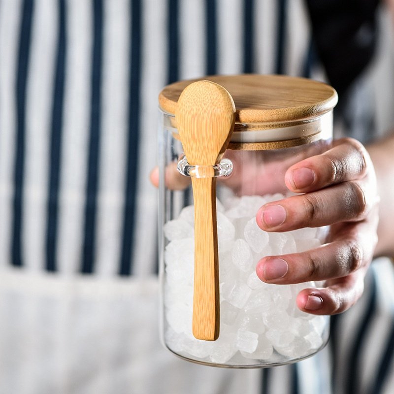 Handmade Glass Food Storage Container Jar with Bamboo Lid and Spoon