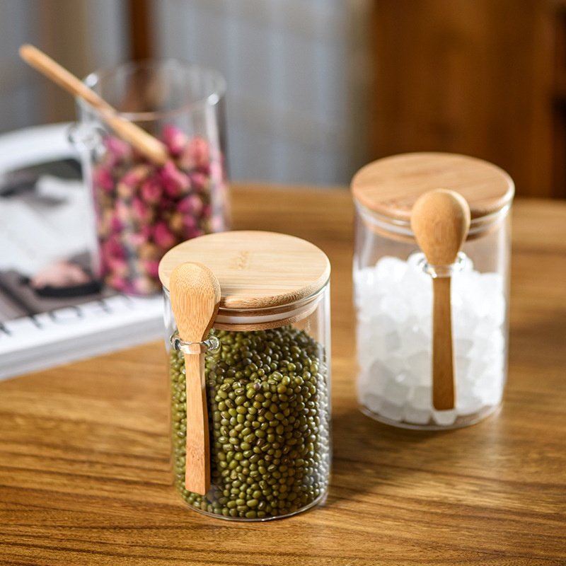 Handmade Glass Food Storage Container Jar with Bamboo Lid and Spoon
