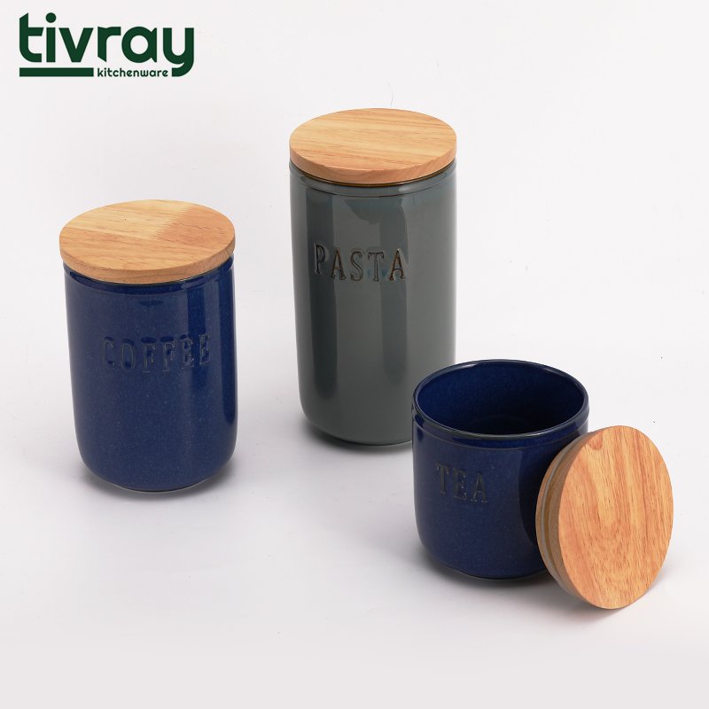Tivray Custom Home Kitchen Reactive Glazed Dark Blue Food Storage Tea Jar Ceramic Canister Dry Herbs Container with Wooden Lid