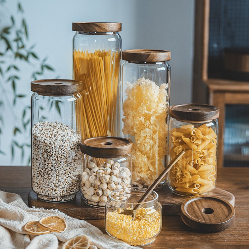 1250ml Glass storage jar with lids custom kitchen glass food storage container mason spice jar acacia cover jars
