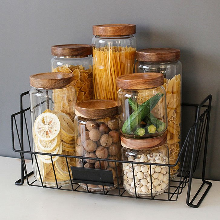 1250ml Glass storage jar with lids custom kitchen glass food storage container mason spice jar acacia cover jars