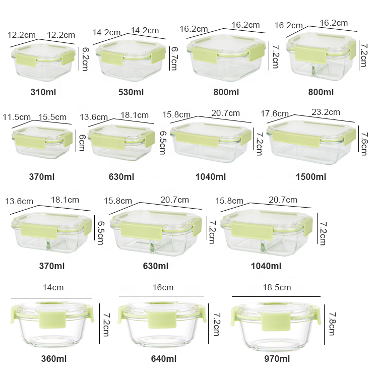 Gloway Set Of 12 3-Different Colors Leakproof Heatable Lunch Box Borosilicate Food Glass Storage Container Set With Airtight Lid