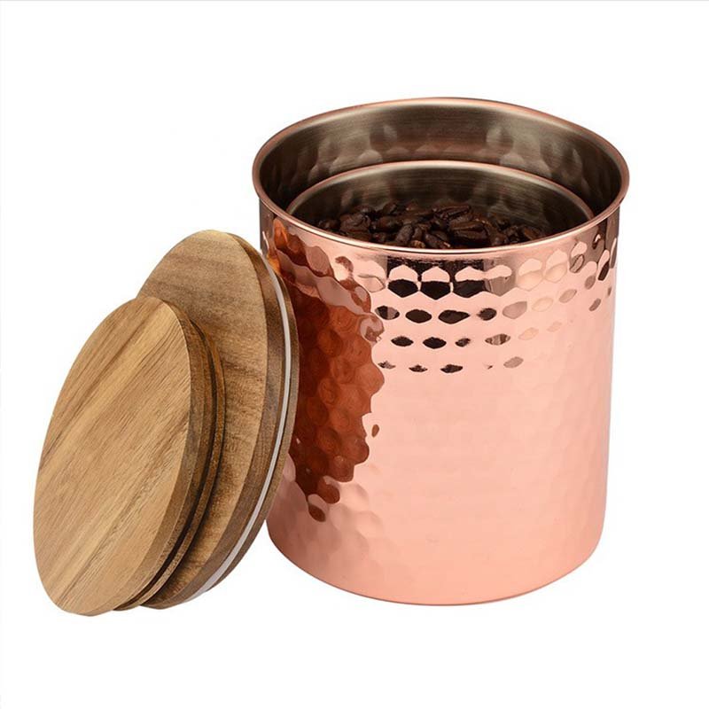Custom 304 Stainless Steel Copper Hammered Airtight Canister Sealed Pot Coffee Bean Tea Suger Jar Food Storage Containers