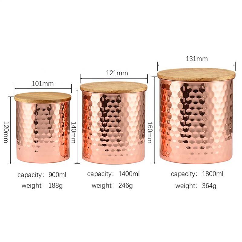 Custom 304 Stainless Steel Copper Hammered Airtight Canister Sealed Pot Coffee Bean Tea Suger Jar Food Storage Containers