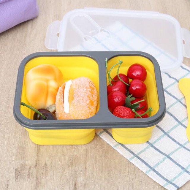 Wholesale collapsible 350g 2 Compartments Silicone foldable Food Storage box food grade Silicone Lunch Box for kids With Fork