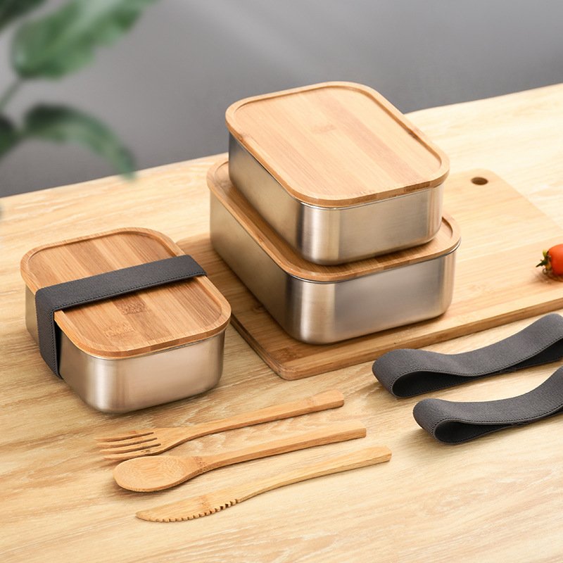 Stainless Steel Food Storage Container Set With Eco-Friendly Bamboo Lid Square Bento Lunch Box Stainless Steel For Kids