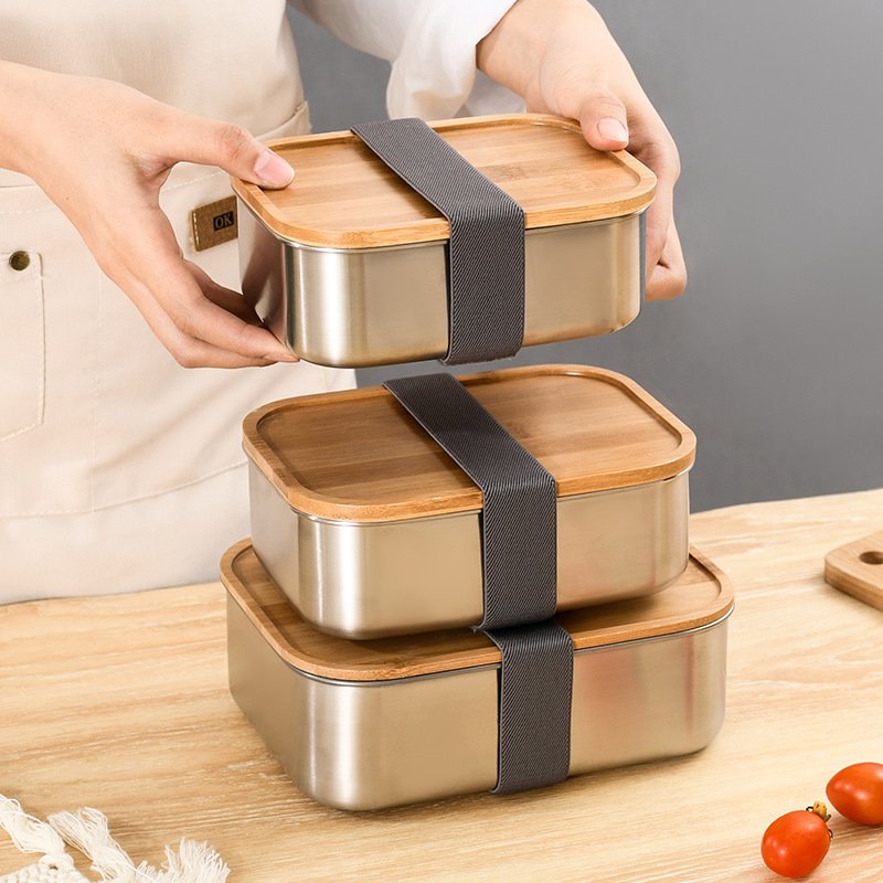 Stainless Steel Food Storage Container Set With Eco-Friendly Bamboo Lid Square Bento Lunch Box Stainless Steel For Kids
