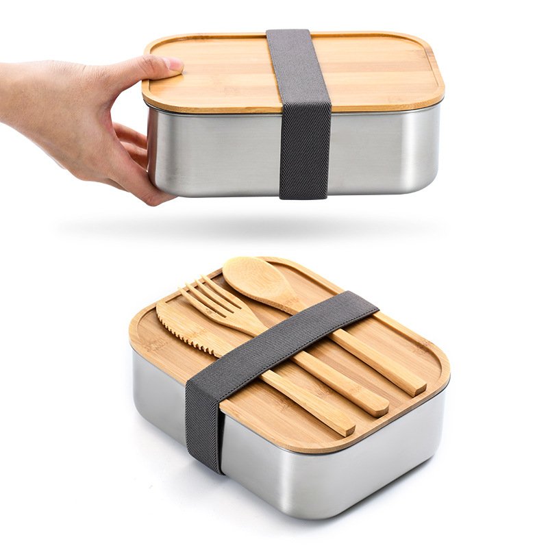 Stainless Steel Food Storage Container Set With Eco-Friendly Bamboo Lid Square Bento Lunch Box Stainless Steel For Kids