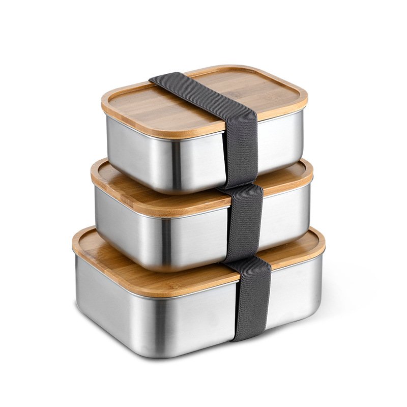 Stainless Steel Food Storage Container Set With Eco-Friendly Bamboo Lid Square Bento Lunch Box Stainless Steel For Kids