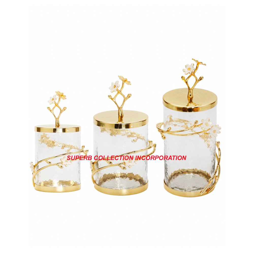 Luxury Fancy Glass Canister With Metal Lid With Gold Floral Knob/Container/Food Storage/Canister on Hot Sale