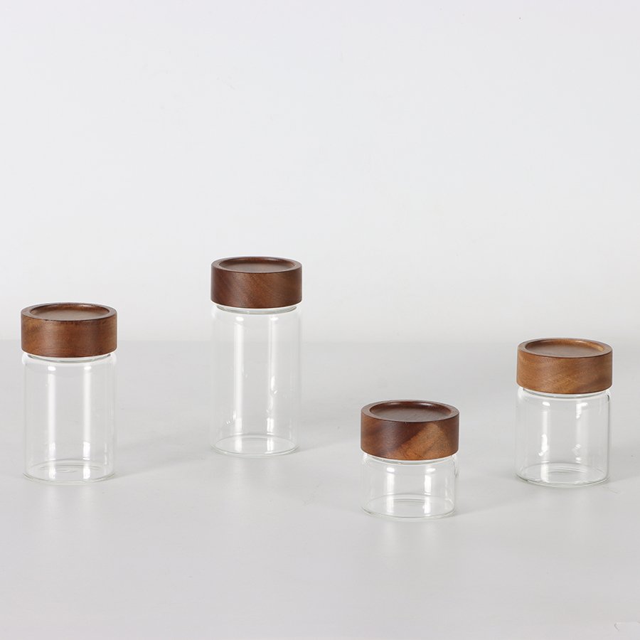 Round Airtight Coffee Tea Spice Glass Jar Kitchen Storage Bottles Sealed Glass Food Storage Jars with wood Lid