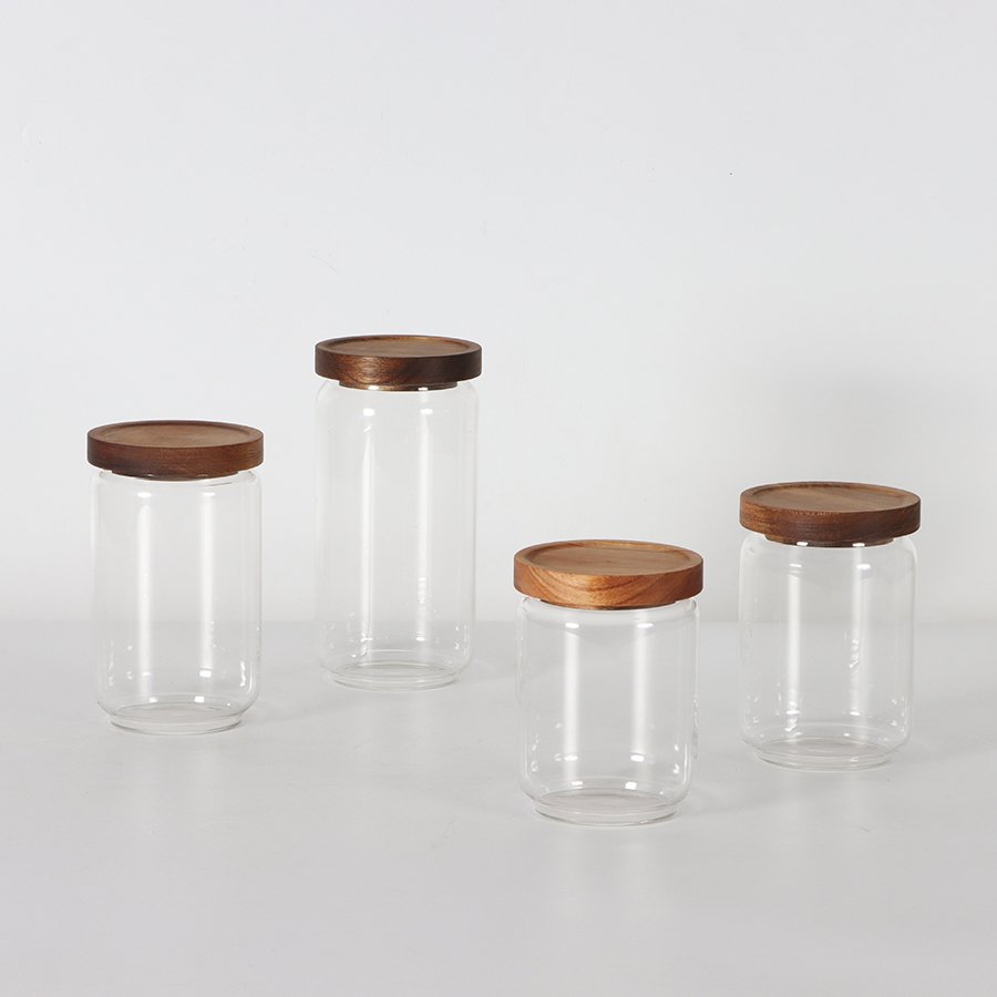 Round Airtight Coffee Tea Spice Glass Jar Kitchen Storage Bottles Sealed Glass Food Storage Jars with wood Lid