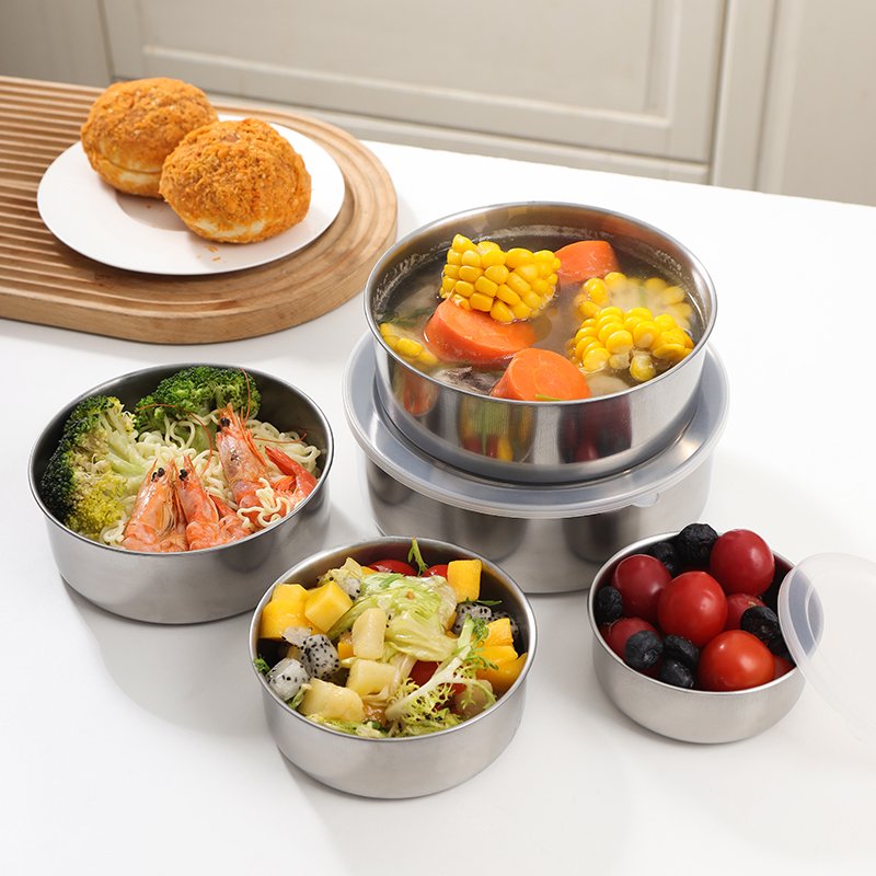 5 Pcs Modern Stainless Steel Warmer Set Kitchen Hot Pot Inner Lid Heatable bamboo Food Storage Container