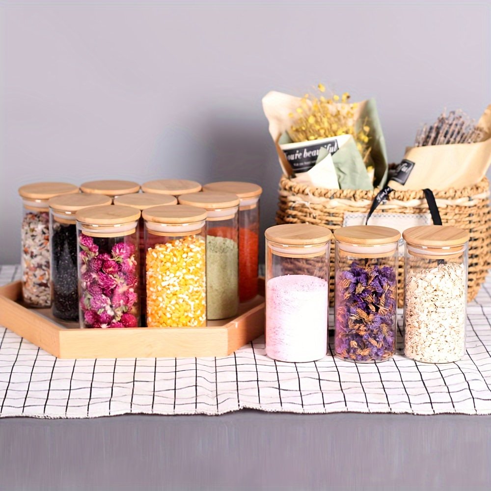 YOLOWE HOME 8pcs/360ml High Borosilicate Glass Condiment Bottle Kitchen Food Storage Jar Sealed Bamboo Lid Coffee Spice Storage