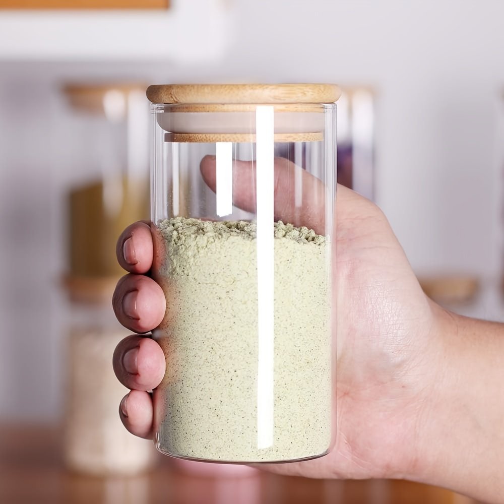 YOLOWE HOME 8pcs/360ml High Borosilicate Glass Condiment Bottle Kitchen Food Storage Jar Sealed Bamboo Lid Coffee Spice Storage