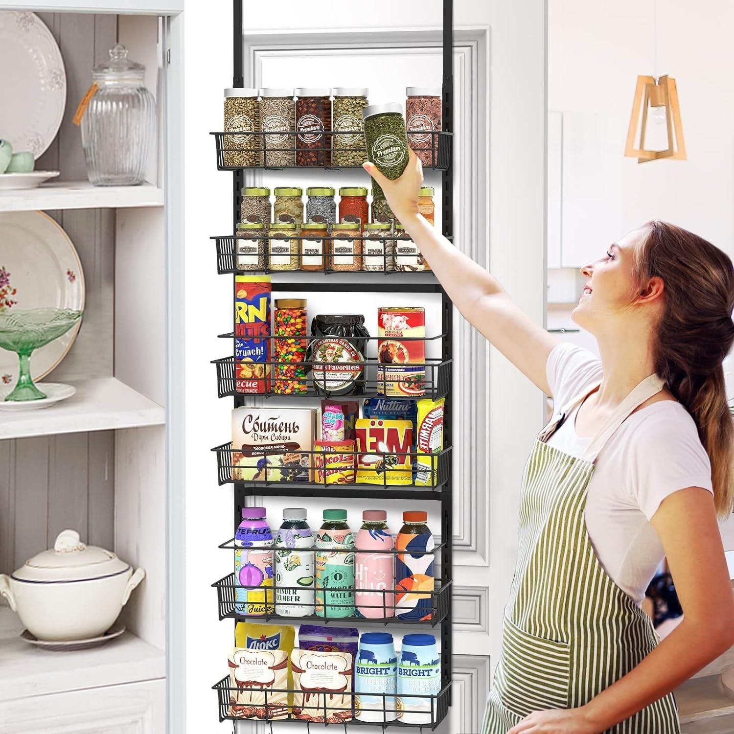 Over The Door Pantry Organizer Hanging Storage and Organization 6 Adjustable Baskets Metal Wall Mount Spice Rack for Kitchen