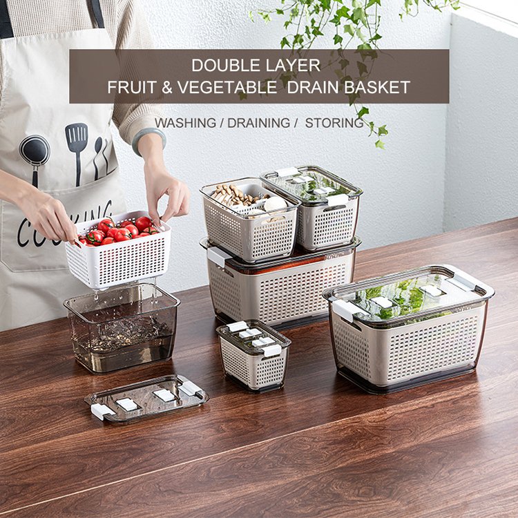 NFS Multipurpose Plastic Food Storage Box 2 Layer Drain Basket Kitchen Fruit Vegetable Washing Drying Storage Strainer Basket