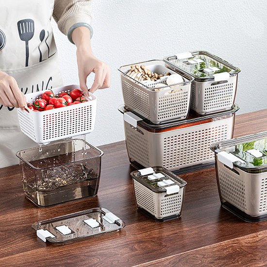 NFS Multipurpose Plastic Food Storage Box 2 Layer Drain Basket Kitchen Fruit Vegetable Washing Drying Storage Strainer Basket