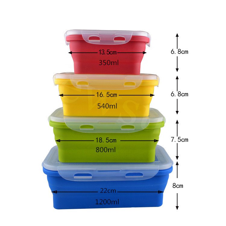 4 Pack Kids Collapsible Food Meal Prep Lunchbox Foldable Tiffin Bins Bento Lunch Boxes Silicone Food Storage Containers Set