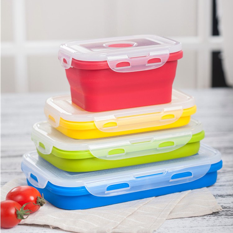 4 Pack Kids Collapsible Food Meal Prep Lunchbox Foldable Tiffin Bins Bento Lunch Boxes Silicone Food Storage Containers Set