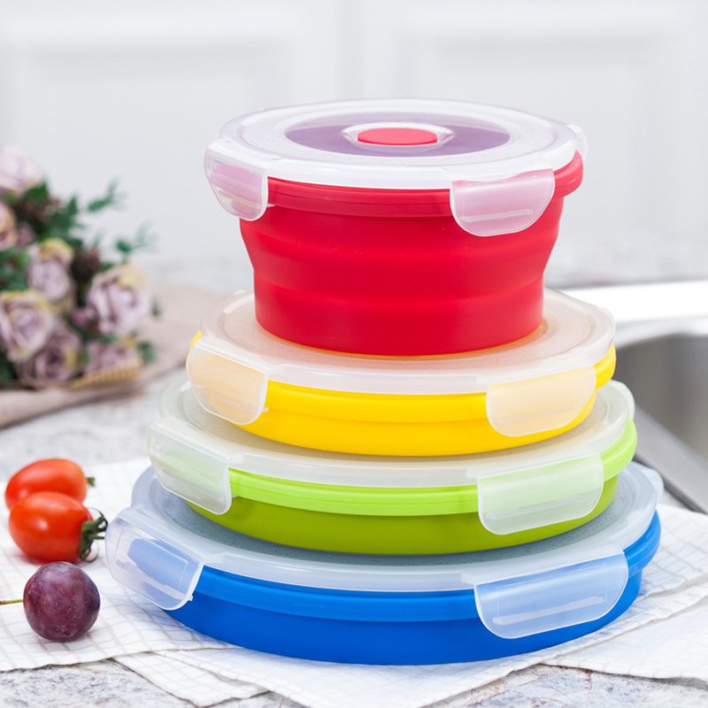 4 Pack Kids Collapsible Food Meal Prep Lunchbox Foldable Tiffin Bins Bento Lunch Boxes Silicone Food Storage Containers Set