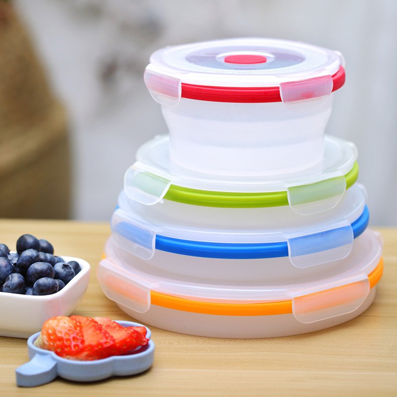 4 Pack Kids Collapsible Food Meal Prep Lunchbox Foldable Tiffin Bins Bento Lunch Boxes Silicone Food Storage Containers Set
